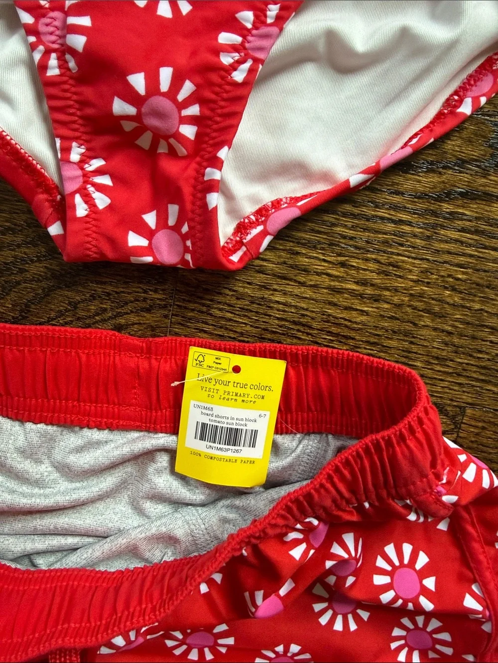 NWT Primary Girls Pink Red Sun Zip Swim one piece and drawstring trunks size 6/7